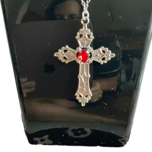 TWO SILVER CROSS NECKLACES ONE WITH RED STONE AND ONE WITH BLACK STONE - Picture 1 of 4